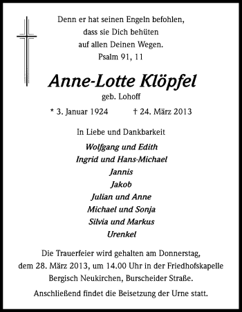Anzeige von Annelotte Klöpfel von Kölner Stadt-Anzeiger / Kölnische Rundschau / Express