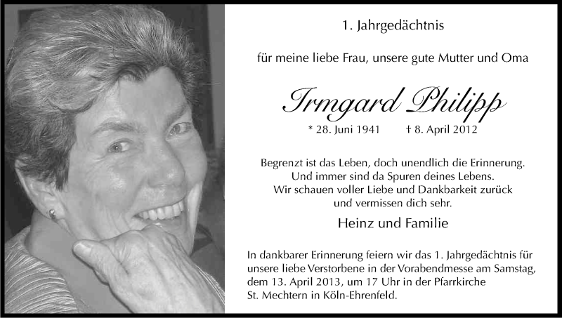  Traueranzeige für Irmgard Philipp vom 06.04.2013 aus Kölner Stadt-Anzeiger / Kölnische Rundschau / Express