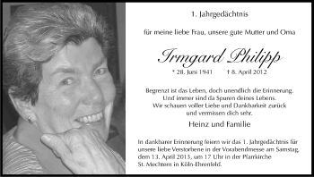 Anzeige von Irmgard Philipp von Kölner Stadt-Anzeiger / Kölnische Rundschau / Express