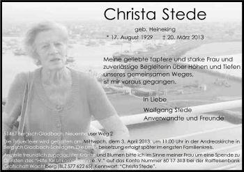 Anzeige von Christa Stede von Kölner Stadt-Anzeiger / Kölnische Rundschau / Express