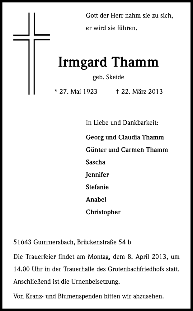  Traueranzeige für Irmgard Thamm vom 27.03.2013 aus Kölner Stadt-Anzeiger / Kölnische Rundschau / Express