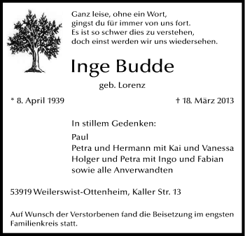 Anzeige von Inge Budde von Kölner Stadt-Anzeiger / Kölnische Rundschau / Express
