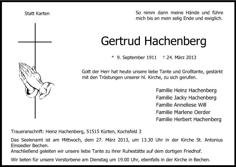  Traueranzeige für Gertrud Hachenberg vom 26.03.2013 aus Kölner Stadt-Anzeiger / Kölnische Rundschau / Express