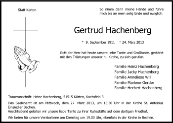 Anzeige von Gertrud Hachenberg von Kölner Stadt-Anzeiger / Kölnische Rundschau / Express