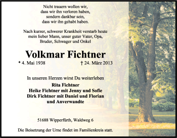 Anzeige von Volkmar Fichtner von Kölner Stadt-Anzeiger / Kölnische Rundschau / Express