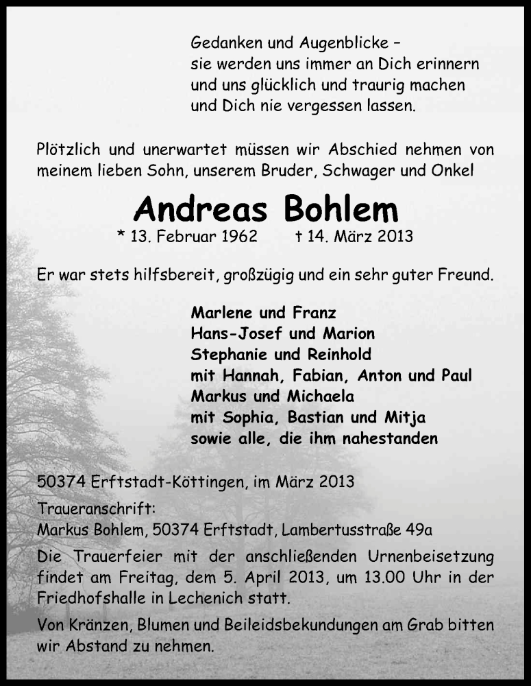  Traueranzeige für Andreas Bohlem vom 27.03.2013 aus Kölner Stadt-Anzeiger / Kölnische Rundschau / Express