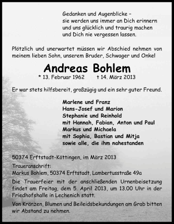 Anzeige von Andreas Bohlem von Kölner Stadt-Anzeiger / Kölnische Rundschau / Express