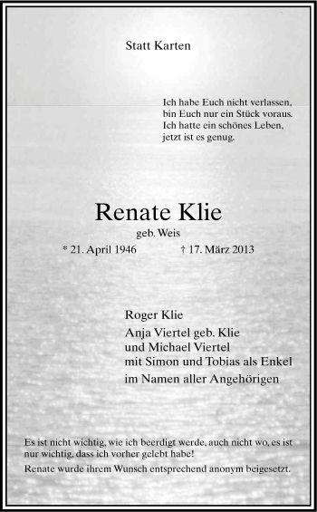Anzeige von Renate Klie von Kölner Stadt-Anzeiger / Kölnische Rundschau / Express