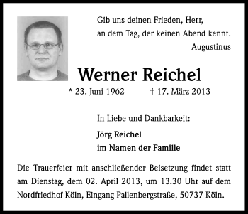 Anzeige von Werner Reichel von Kölner Stadt-Anzeiger / Kölnische Rundschau / Express