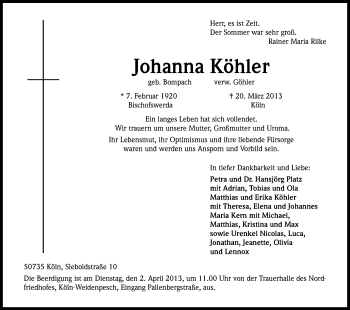 Anzeige von Johanna Köhler von Kölner Stadt-Anzeiger / Kölnische Rundschau / Express