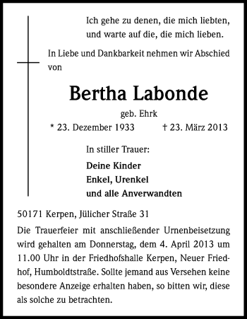 Anzeige von Bertha Labonde von Kölner Stadt-Anzeiger / Kölnische Rundschau / Express