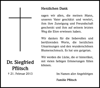 Anzeige von Siegfried Pflitsch von Kölner Stadt-Anzeiger / Kölnische Rundschau / Express