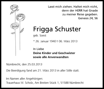Anzeige von Frigga Schuster von Kölner Stadt-Anzeiger / Kölnische Rundschau / Express