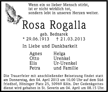 Anzeige von Rosa Rogalla von Kölner Stadt-Anzeiger / Kölnische Rundschau / Express