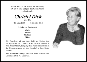 Anzeige von Christel Dick von Kölner Stadt-Anzeiger / Kölnische Rundschau / Express