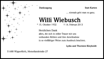 Anzeige von Willi Wiebusch von Kölner Stadt-Anzeiger / Kölnische Rundschau / Express