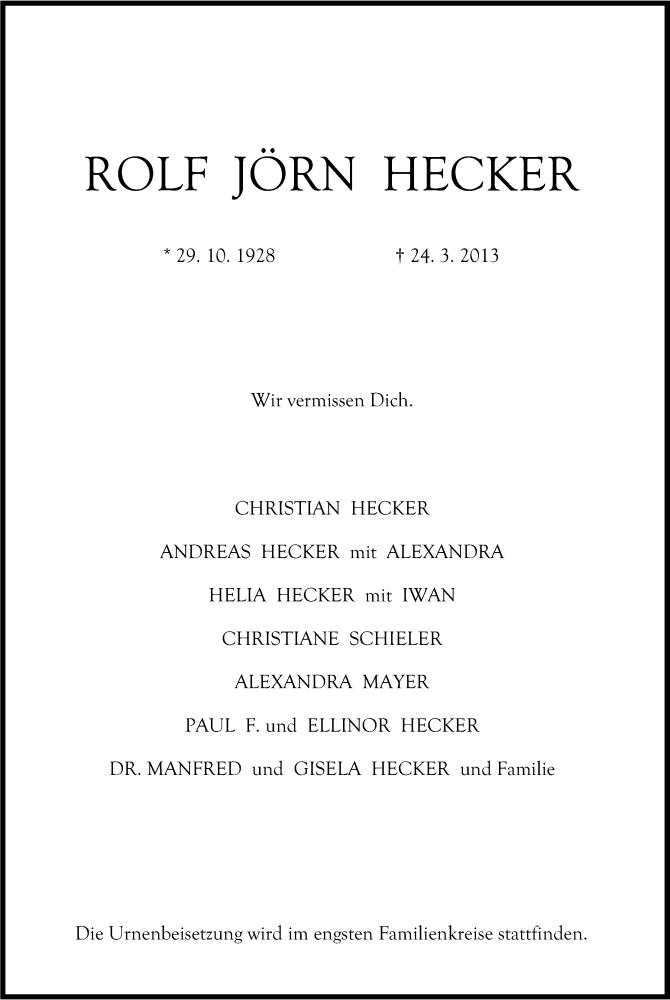  Traueranzeige für Rolf Jörn Hecker vom 27.03.2013 aus Kölner Stadt-Anzeiger / Kölnische Rundschau / Express