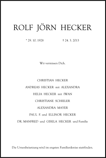 Anzeige von Rolf Jörn Hecker von Kölner Stadt-Anzeiger / Kölnische Rundschau / Express