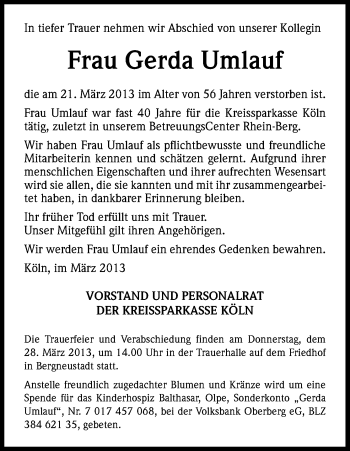 Anzeige von Gerda Umlauf von Kölner Stadt-Anzeiger / Kölnische Rundschau / Express