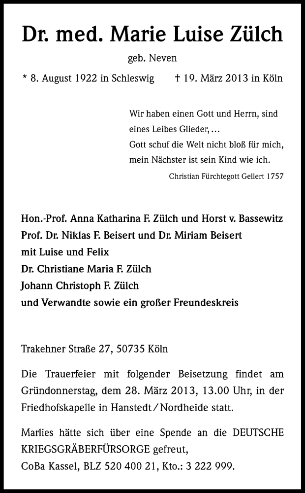 Traueranzeige für Marie Luise Zülch vom 27.03.2013 aus Kölner Stadt-Anzeiger / Kölnische Rundschau / Express