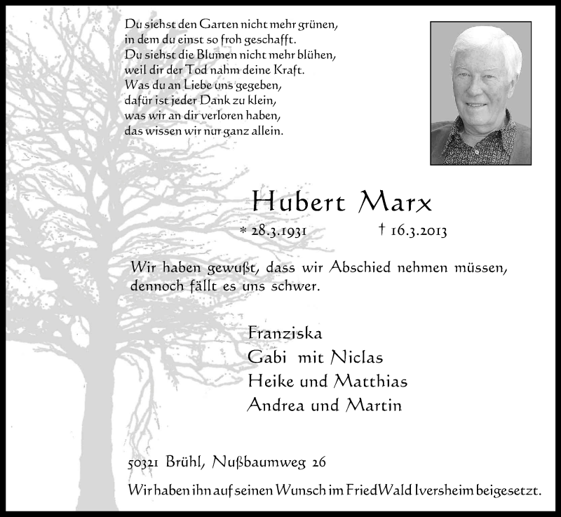  Traueranzeige für Hubert Marx vom 06.04.2013 aus Kölner Stadt-Anzeiger / Kölnische Rundschau / Express