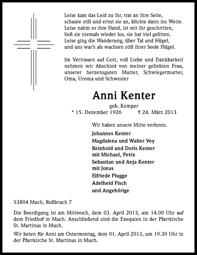  Traueranzeige für Anni Kenter vom 30.03.2013 aus Kölner Stadt-Anzeiger / Kölnische Rundschau / Express