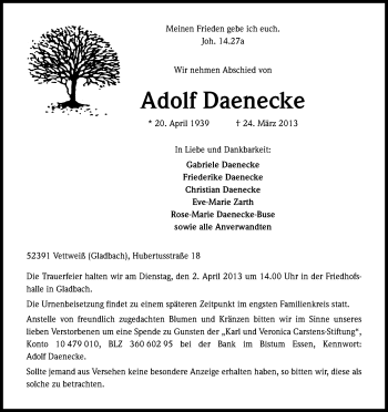 Anzeige von Adolf Daenecke von Kölner Stadt-Anzeiger / Kölnische Rundschau / Express