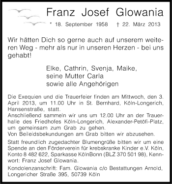 Anzeige von Franz Josef Glowania von Kölner Stadt-Anzeiger / Kölnische Rundschau / Express