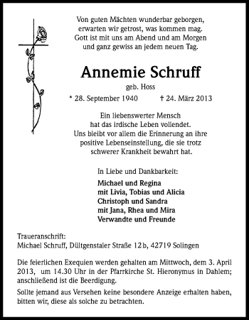 Anzeige von Annemie Schruff von Kölner Stadt-Anzeiger / Kölnische Rundschau / Express