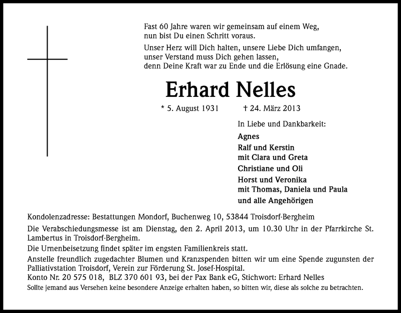  Traueranzeige für Erhard Nelles vom 27.03.2013 aus Kölner Stadt-Anzeiger / Kölnische Rundschau / Express