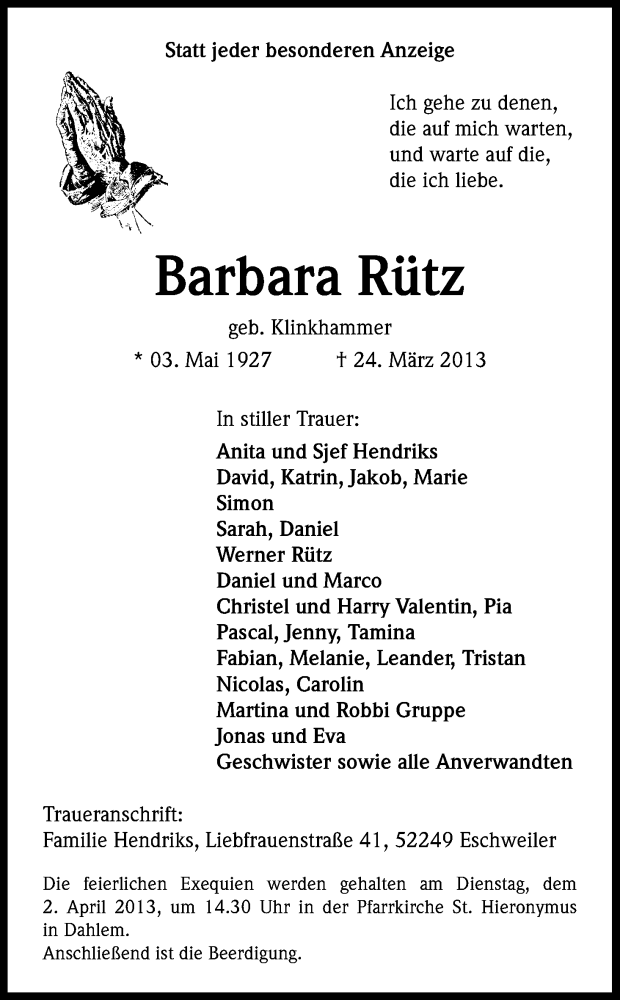  Traueranzeige für Barbara Rütz vom 27.03.2013 aus Kölner Stadt-Anzeiger / Kölnische Rundschau / Express