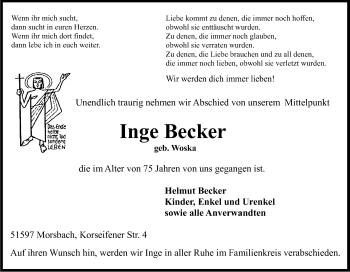 Anzeige von Inge Becker von Kölner Stadt-Anzeiger / Kölnische Rundschau / Express