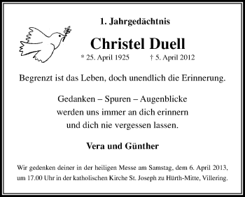 Anzeige von Christel Duell von Kölner Stadt-Anzeiger / Kölnische Rundschau / Express