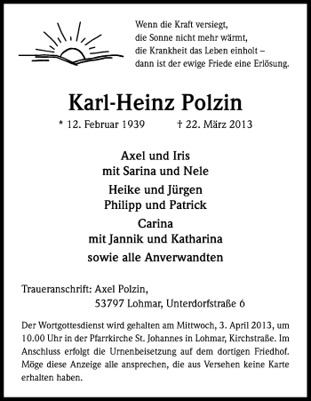 Anzeige von Karl-Heinz Polzin von Kölner Stadt-Anzeiger / Kölnische Rundschau / Express