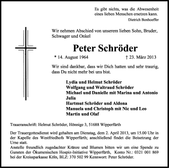 Anzeige von Peter Schröder von Kölner Stadt-Anzeiger / Kölnische Rundschau / Express