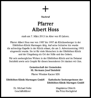 Anzeige von Albert Hoss von Kölner Stadt-Anzeiger / Kölnische Rundschau / Express