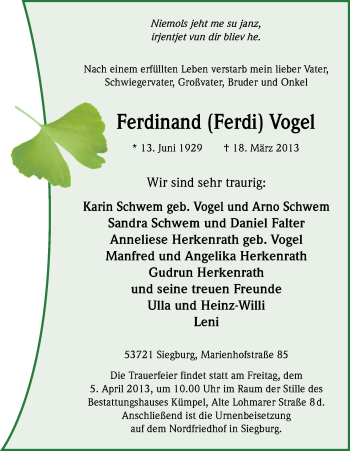Anzeige von Ferdinand Vogel von Kölner Stadt-Anzeiger / Kölnische Rundschau / Express