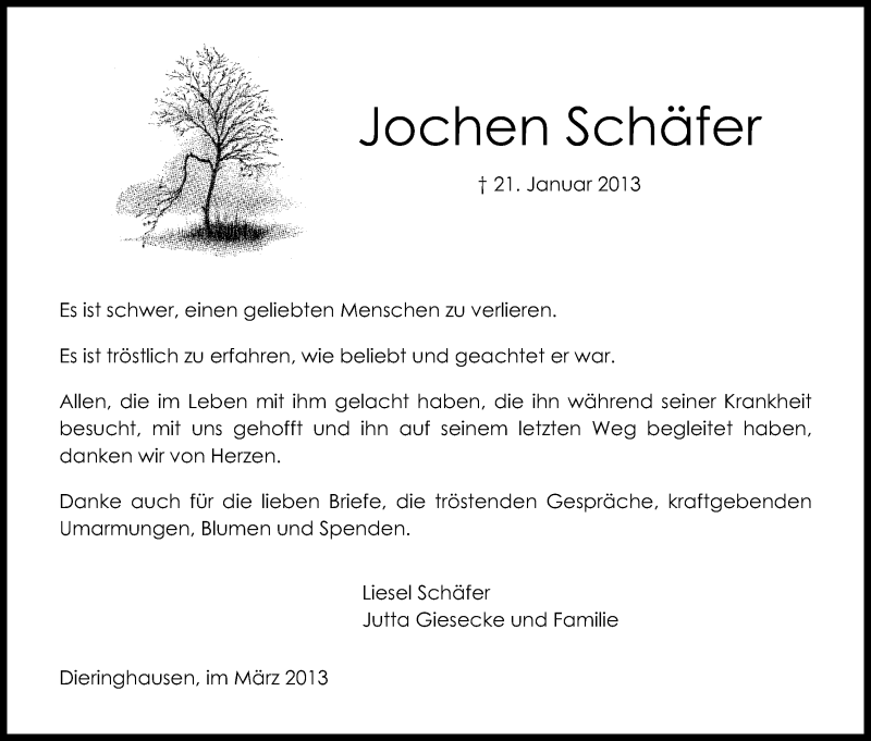  Traueranzeige für Jochen Schäfer vom 30.03.2013 aus Kölner Stadt-Anzeiger / Kölnische Rundschau / Express