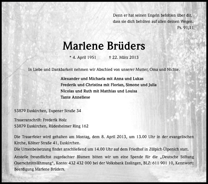  Traueranzeige für Marlene Brüders vom 30.03.2013 aus Kölner Stadt-Anzeiger / Kölnische Rundschau / Express