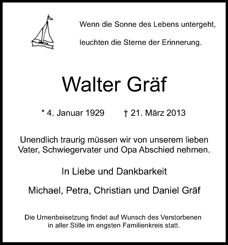  Traueranzeige für Walter Gräf vom 30.03.2013 aus Kölner Stadt-Anzeiger / Kölnische Rundschau / Express
