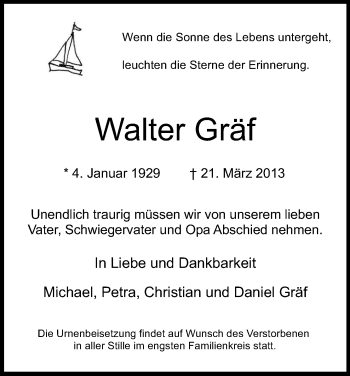 Anzeige von Walter Gräf von Kölner Stadt-Anzeiger / Kölnische Rundschau / Express