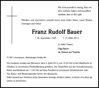 Anzeige von Franz Rudolf Bauer von Kölner Stadt-Anzeiger / Kölnische Rundschau / Express