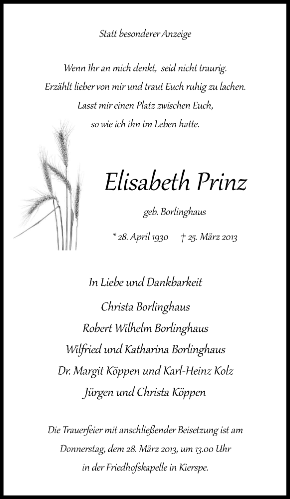  Traueranzeige für Elisabeth Prinz vom 27.03.2013 aus Kölner Stadt-Anzeiger / Kölnische Rundschau / Express