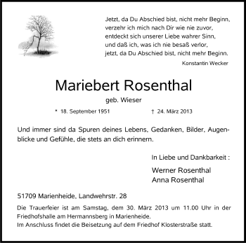 Anzeige von Mariebert Rosenthal von Kölner Stadt-Anzeiger / Kölnische Rundschau / Express