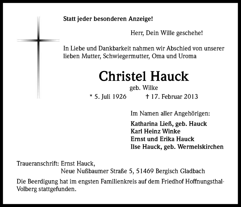  Traueranzeige für Christel Hauck vom 30.03.2013 aus Kölner Stadt-Anzeiger / Kölnische Rundschau / Express