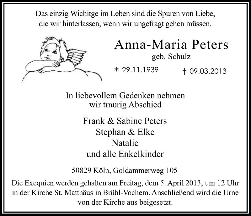  Traueranzeige für Anna-Maria Peters vom 30.03.2013 aus Kölner Stadt-Anzeiger / Kölnische Rundschau / Express