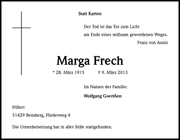 Anzeige von Marga Frech von Kölner Stadt-Anzeiger / Kölnische Rundschau / Express