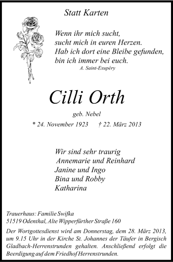 Anzeige von Cilli Orth von Kölner Stadt-Anzeiger / Kölnische Rundschau / Express
