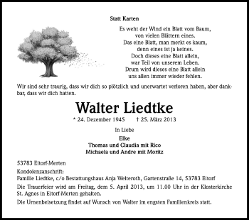 Anzeige von Walter Liedtke von Kölner Stadt-Anzeiger / Kölnische Rundschau / Express