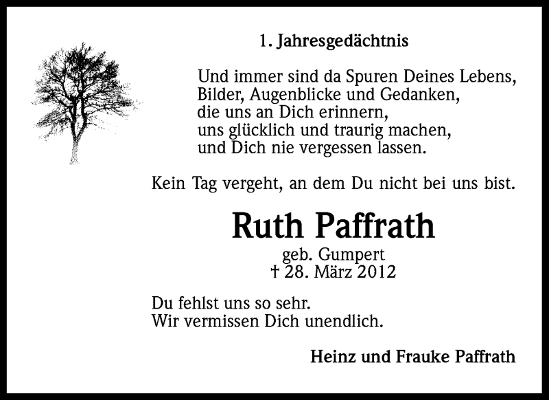  Traueranzeige für Ruth Paffrath vom 28.03.2013 aus Kölner Stadt-Anzeiger / Kölnische Rundschau / Express